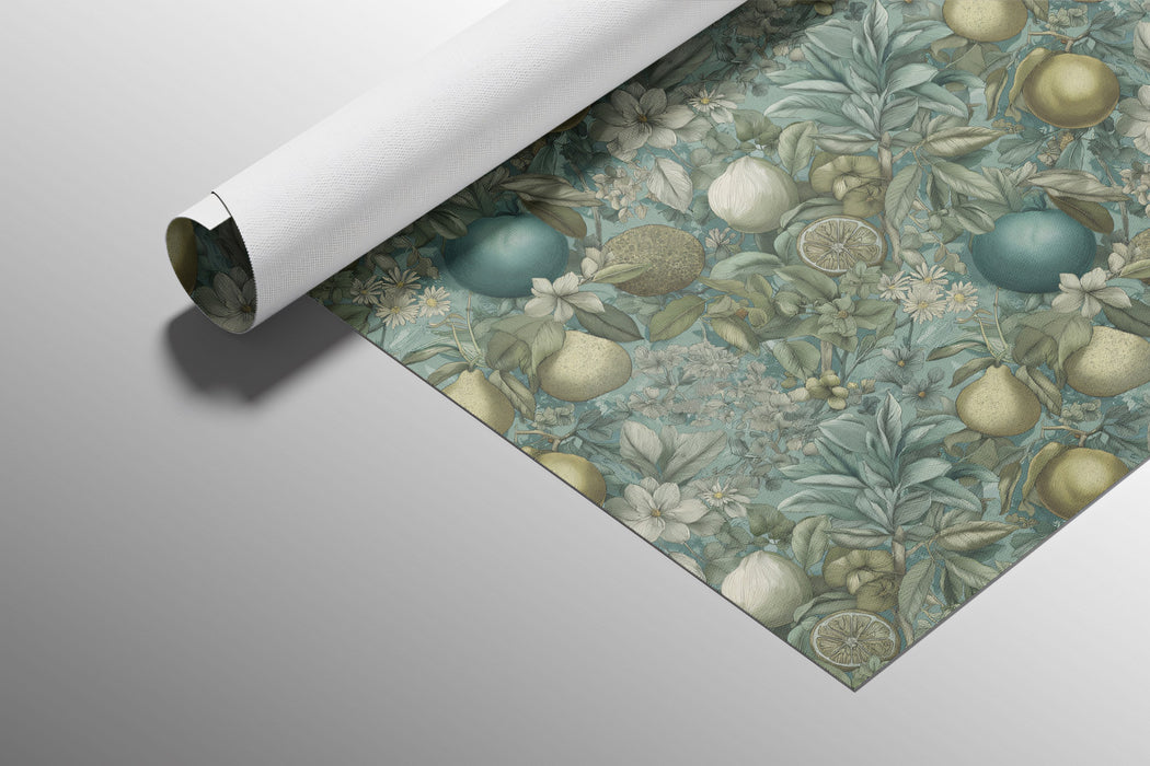 Dark Arts and Crafts Lemon Foliage Vintage Fruit Motif Repeating Print Mural Wallpaper | Deep Teal Background, Luxurious