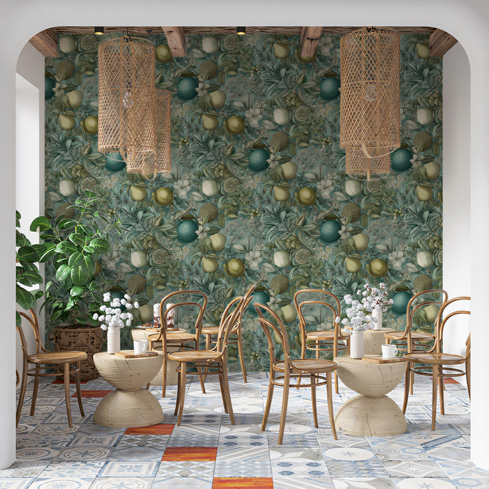 Dark Arts and Crafts Lemon Foliage Vintage Fruit Motif Repeating Print Mural Wallpaper | Deep Teal Background, Luxurious