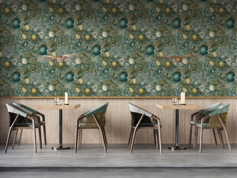 Dark Arts and Crafts Lemon Foliage Vintage Fruit Motif Repeating Print Mural Wallpaper | Deep Teal Background, Luxurious