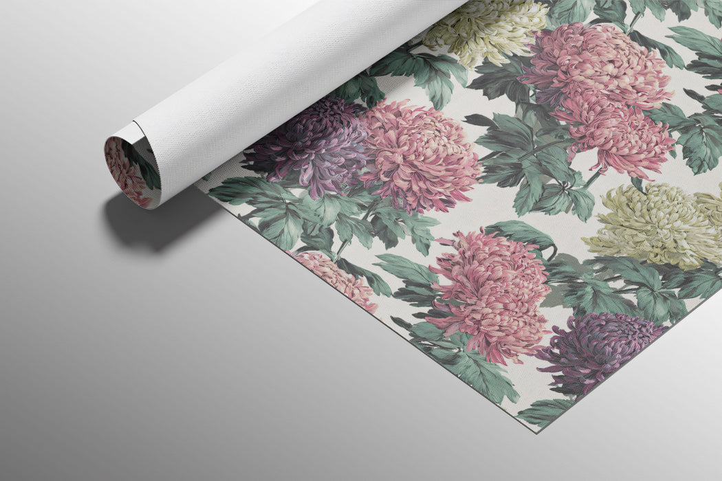 Vintage Chrysanthemum Cluster Bold Floral Motif Repeating Print Mural Wallpaper | Pink Purple Chartreuse Tones, Eclectic
