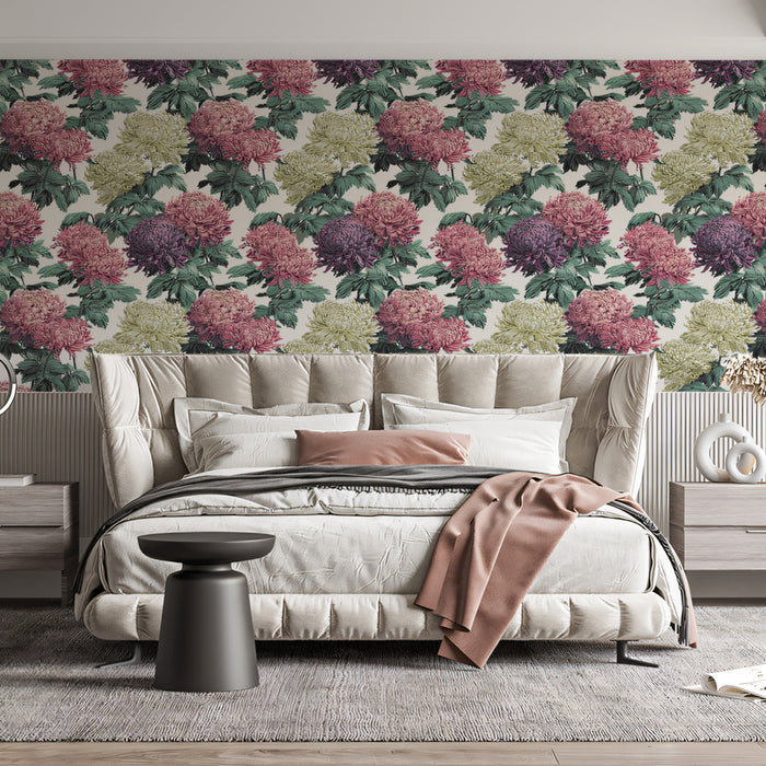Vintage Chrysanthemum Cluster Bold Floral Motif Repeating Print Mural Wallpaper | Pink Purple Chartreuse Tones, Eclectic