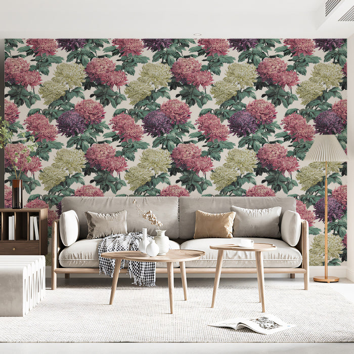 Vintage Chrysanthemum Cluster Bold Floral Motif Repeating Print Mural Wallpaper | Pink Purple Chartreuse Tones, Eclectic