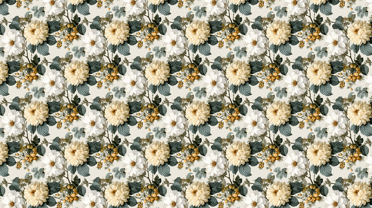 Vintage Cream White Dahlia Floral Botanical Cluster Repeating Print Mural Wallpaper | Neutral Background, Timeless