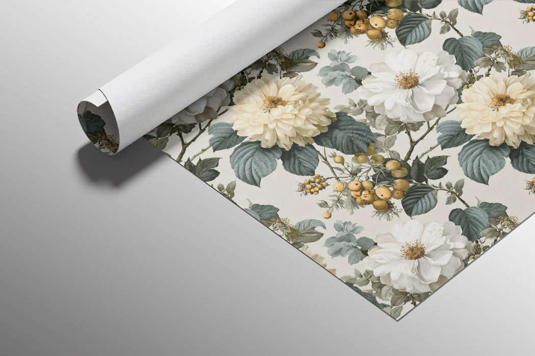 Vintage Cream White Dahlia Floral Botanical Cluster Repeating Print Mural Wallpaper | Neutral Background, Timeless