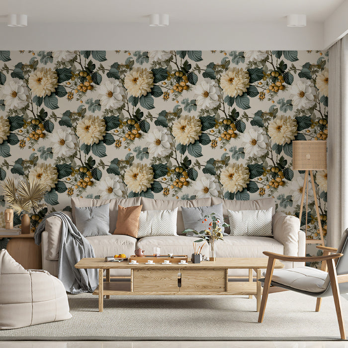 Vintage Cream White Dahlia Floral Botanical Cluster Repeating Print Mural Wallpaper | Neutral Background, Timeless