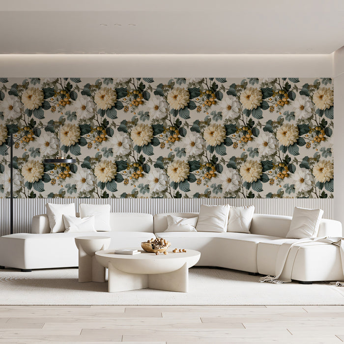 Vintage Cream White Dahlia Floral Botanical Cluster Repeating Print Mural Wallpaper | Neutral Background, Timeless