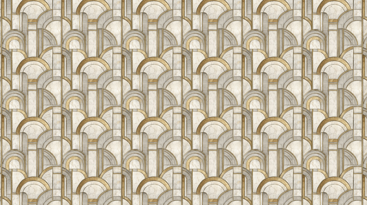 Art Deco Fan Arch Geometric Marble Texture Repeating Print Mural Wallpaper | Gold Metallic Accents, Luxury Statement