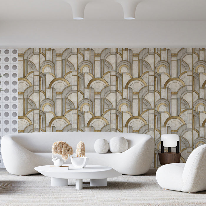 Art Deco Fan Arch Geometric Marble Texture Repeating Print Mural Wallpaper | Gold Metallic Accents, Luxury Statement