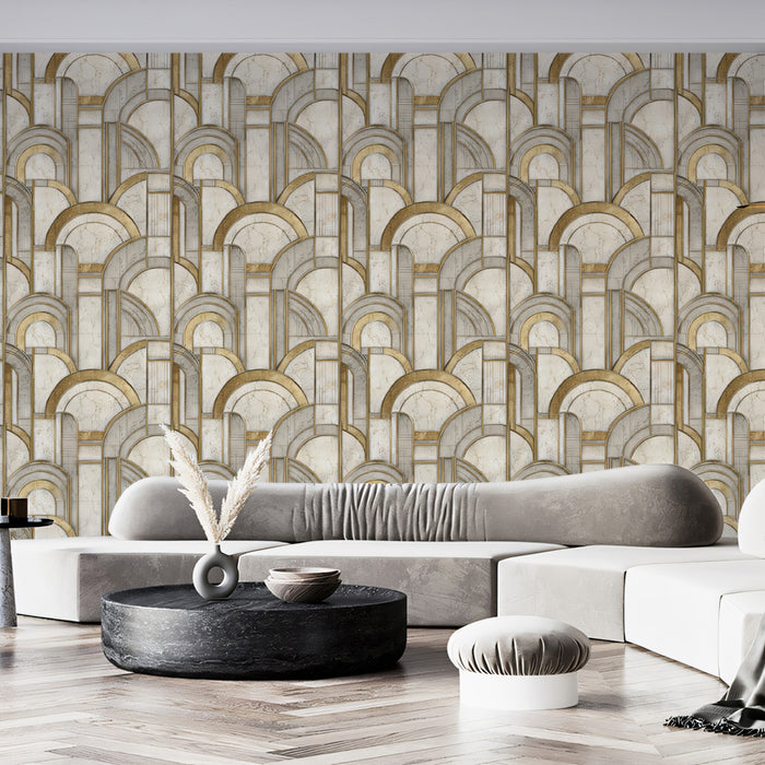 Art Deco Fan Arch Geometric Marble Texture Repeating Print Mural Wallpaper | Gold Metallic Accents, Luxury Statement