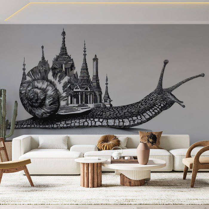 Surreal Snail Carrying Burmese Pagoda City Pen and Ink Illustration Mural Wallpaper | Black White Scale Contrast Art