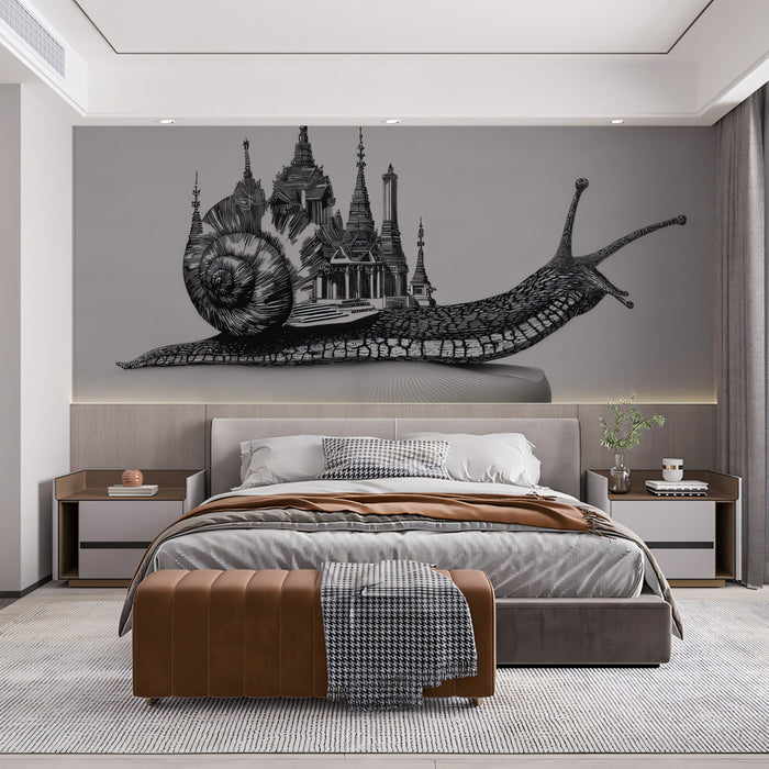 Surreal Snail Carrying Burmese Pagoda City Pen and Ink Illustration Mural Wallpaper | Black White Scale Contrast Art