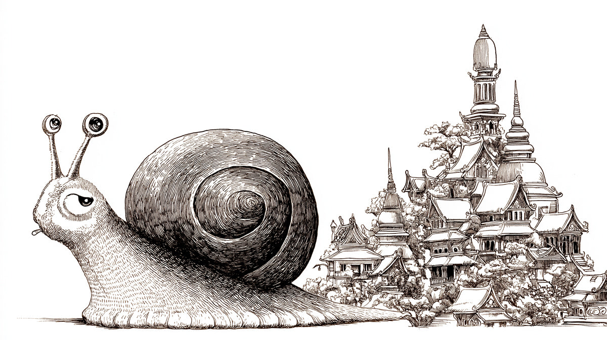 Wide-Eyed Snail Carrying Temple City Black White Ink Sketch Mural Wallpaper | Surreal Architecture, Whimsical
