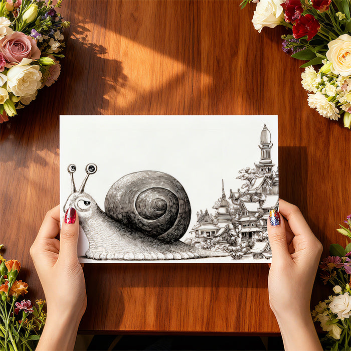 Wide-Eyed Snail Carrying Temple City Black White Ink Sketch Mural Wallpaper | Surreal Architecture, Whimsical