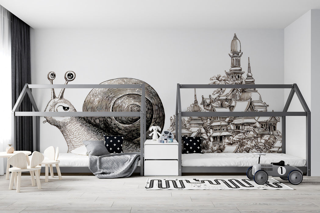 Wide-Eyed Snail Carrying Temple City Black White Ink Sketch Mural Wallpaper | Surreal Architecture, Whimsical