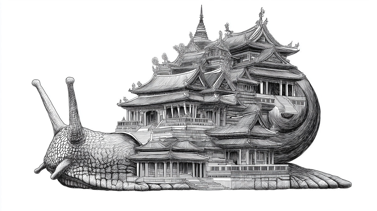 Intricate Snail Carrying Palatial Pagoda Detailed Black White Sketch Mural Wallpaper | Fantasy Architecture, Ornate