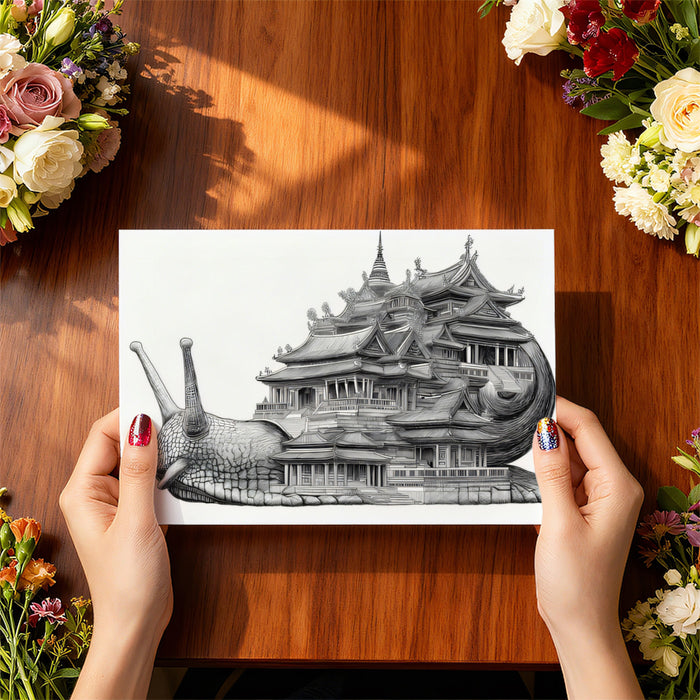 Intricate Snail Carrying Palatial Pagoda Detailed Black White Sketch Mural Wallpaper | Fantasy Architecture, Ornate