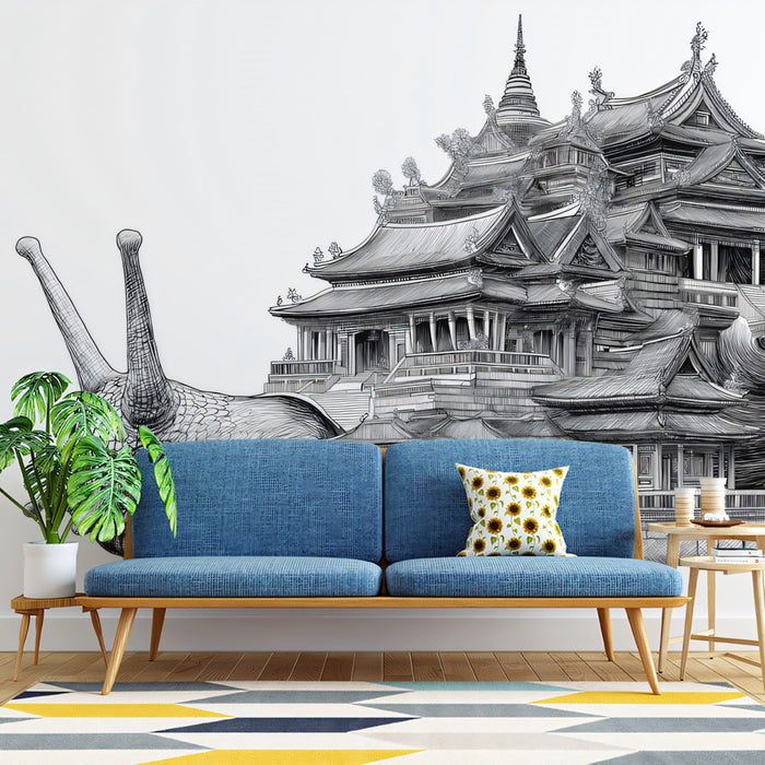 Intricate Snail Carrying Palatial Pagoda Detailed Black White Sketch Mural Wallpaper | Fantasy Architecture, Ornate