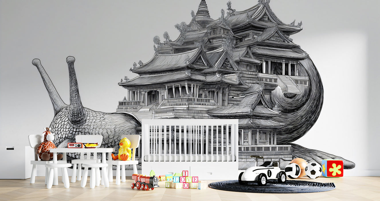 Intricate Snail Carrying Palatial Pagoda Detailed Black White Sketch Mural Wallpaper | Fantasy Architecture, Ornate