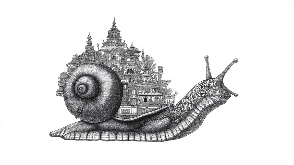 Smiling Snail Carrying City on Shell Detailed Black White Engraving Mural Wallpaper | Surrealism Fantasy