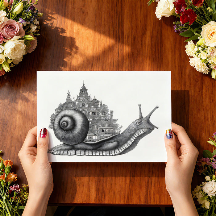 Smiling Snail Carrying City on Shell Detailed Black White Engraving Mural Wallpaper | Surrealism Fantasy