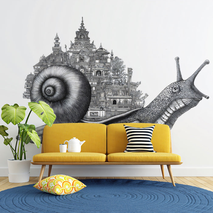 Smiling Snail Carrying City on Shell Detailed Black White Engraving Mural Wallpaper | Surrealism Fantasy