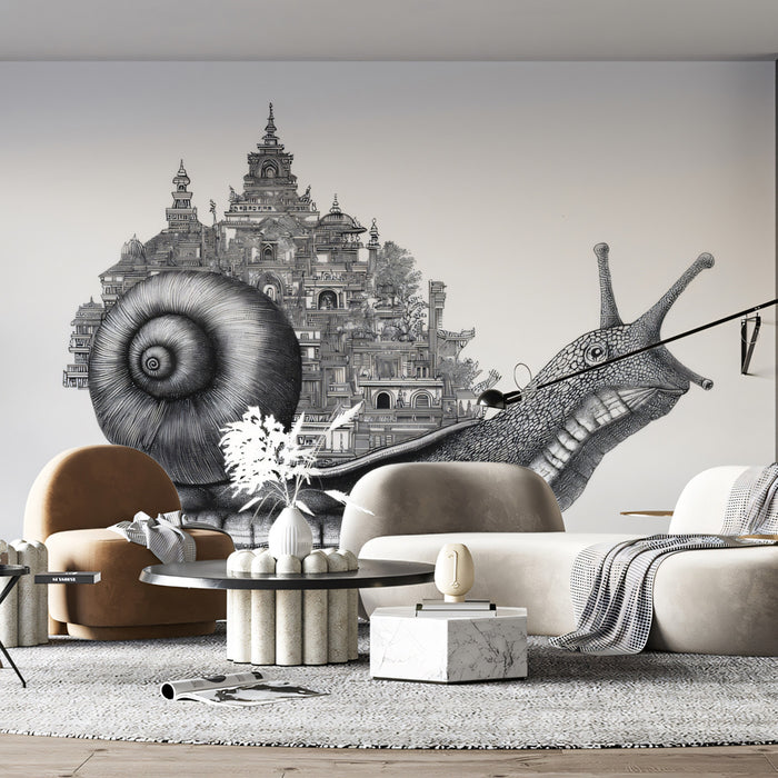 Smiling Snail Carrying City on Shell Detailed Black White Engraving Mural Wallpaper | Surrealism Fantasy