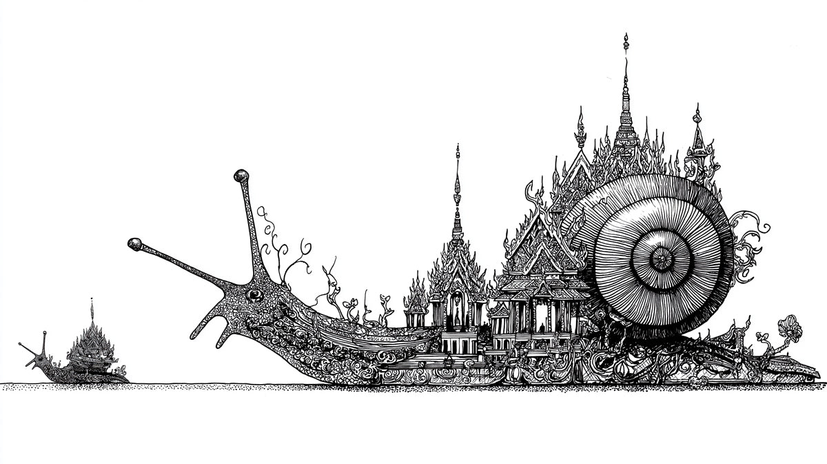 Grand Snail Procession Temple Architecture Panoramic Black White Ink Illustration Mural Wallpaper | Scale and Detail