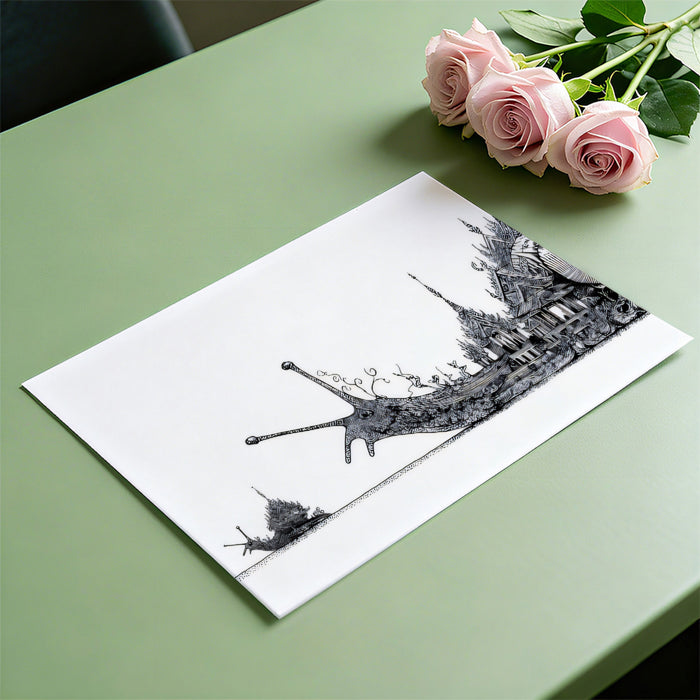 Grand Snail Procession Temple Architecture Panoramic Black White Ink Illustration Mural Wallpaper | Scale and Detail