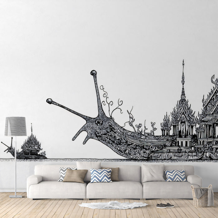 Grand Snail Procession Temple Architecture Panoramic Black White Ink Illustration Mural Wallpaper | Scale and Detail