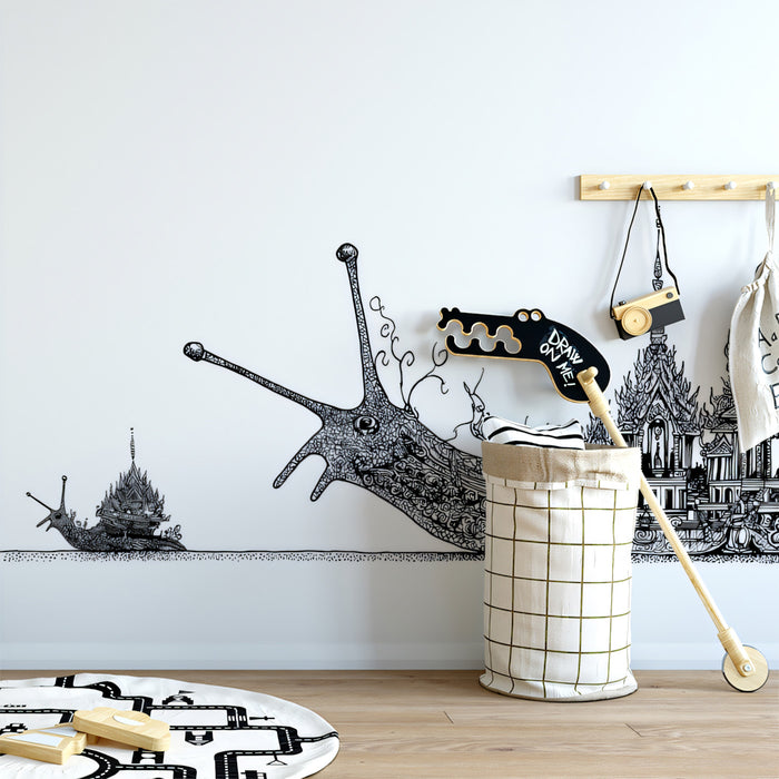 Grand Snail Procession Temple Architecture Panoramic Black White Ink Illustration Mural Wallpaper | Scale and Detail