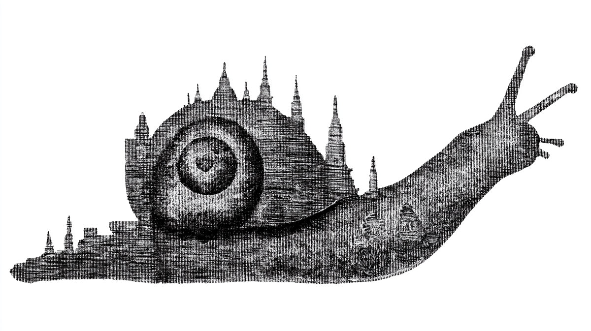 Silhouette Snail with City on Shell Distressed Ink Style Mural Wallpaper | Surreal Architecture, High Contrast