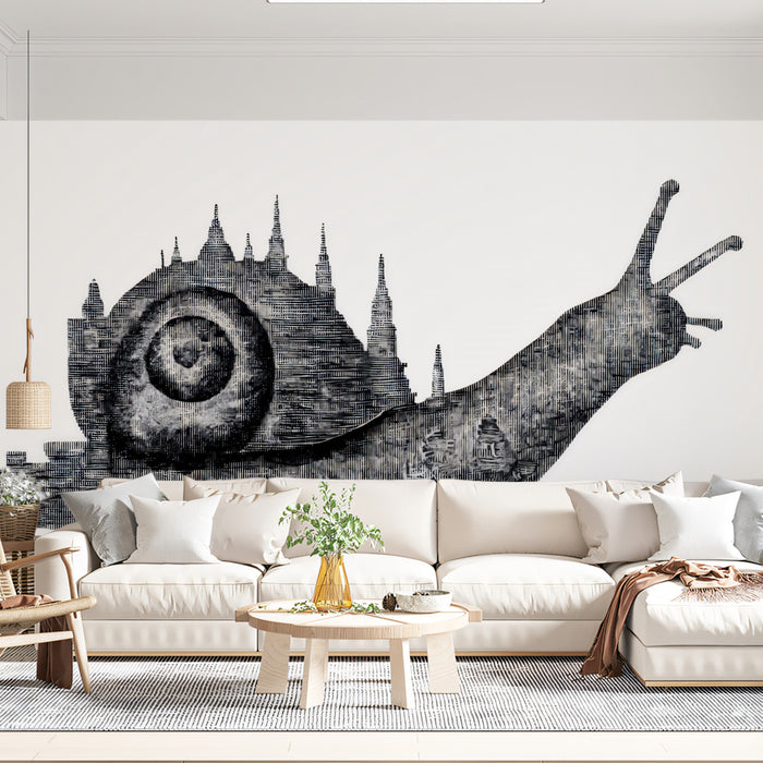 Silhouette Snail with City on Shell Distressed Ink Style Mural Wallpaper | Surreal Architecture, High Contrast