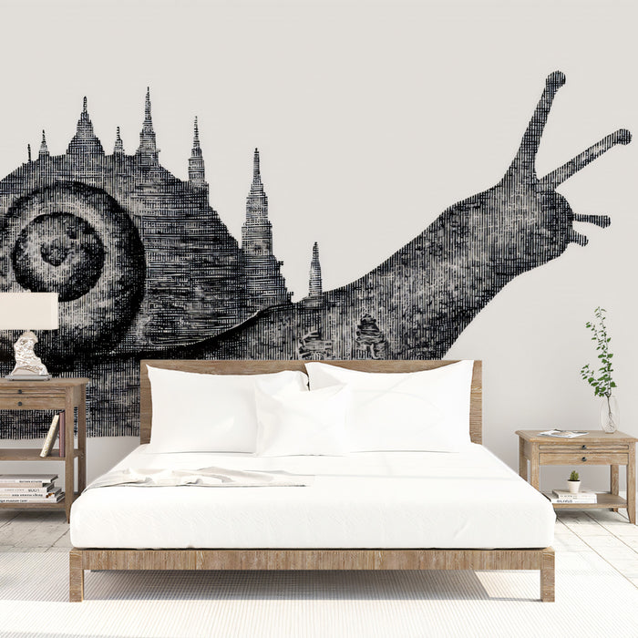 Silhouette Snail with City on Shell Distressed Ink Style Mural Wallpaper | Surreal Architecture, High Contrast