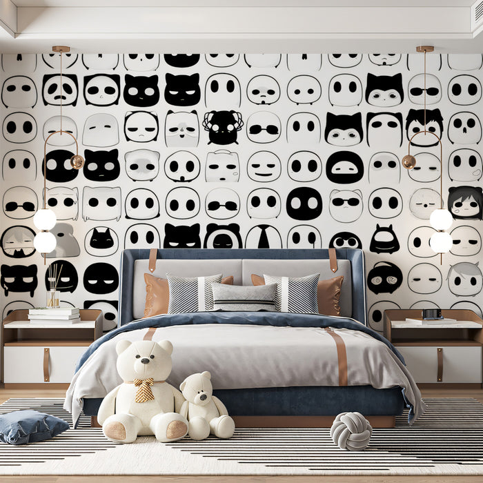 Black and White Emoticon Grid Repeating Graphic Pattern Mural Wallpaper | Minimalist Faces, High Contrast