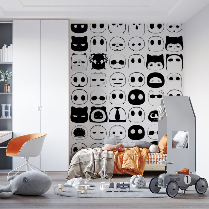 Black and White Emoticon Grid Repeating Graphic Pattern Mural Wallpaper | Minimalist Faces, High Contrast
