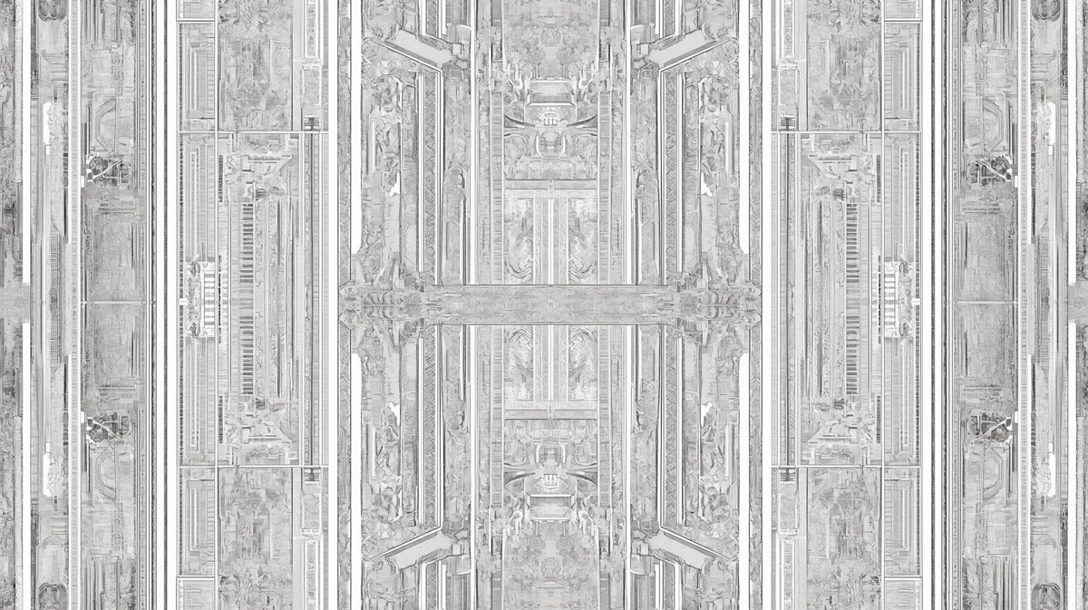 Monochromatic Art Deco Geometric Panel Silver Tones Repeating Print Mural Wallpaper | Architectural Texture