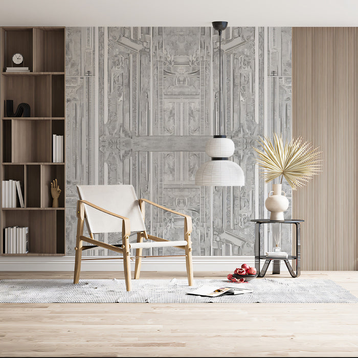 Monochromatic Art Deco Geometric Panel Silver Tones Repeating Print Mural Wallpaper | Architectural Texture