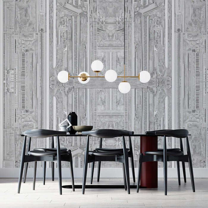 Monochromatic Art Deco Geometric Panel Silver Tones Repeating Print Mural Wallpaper | Architectural Texture