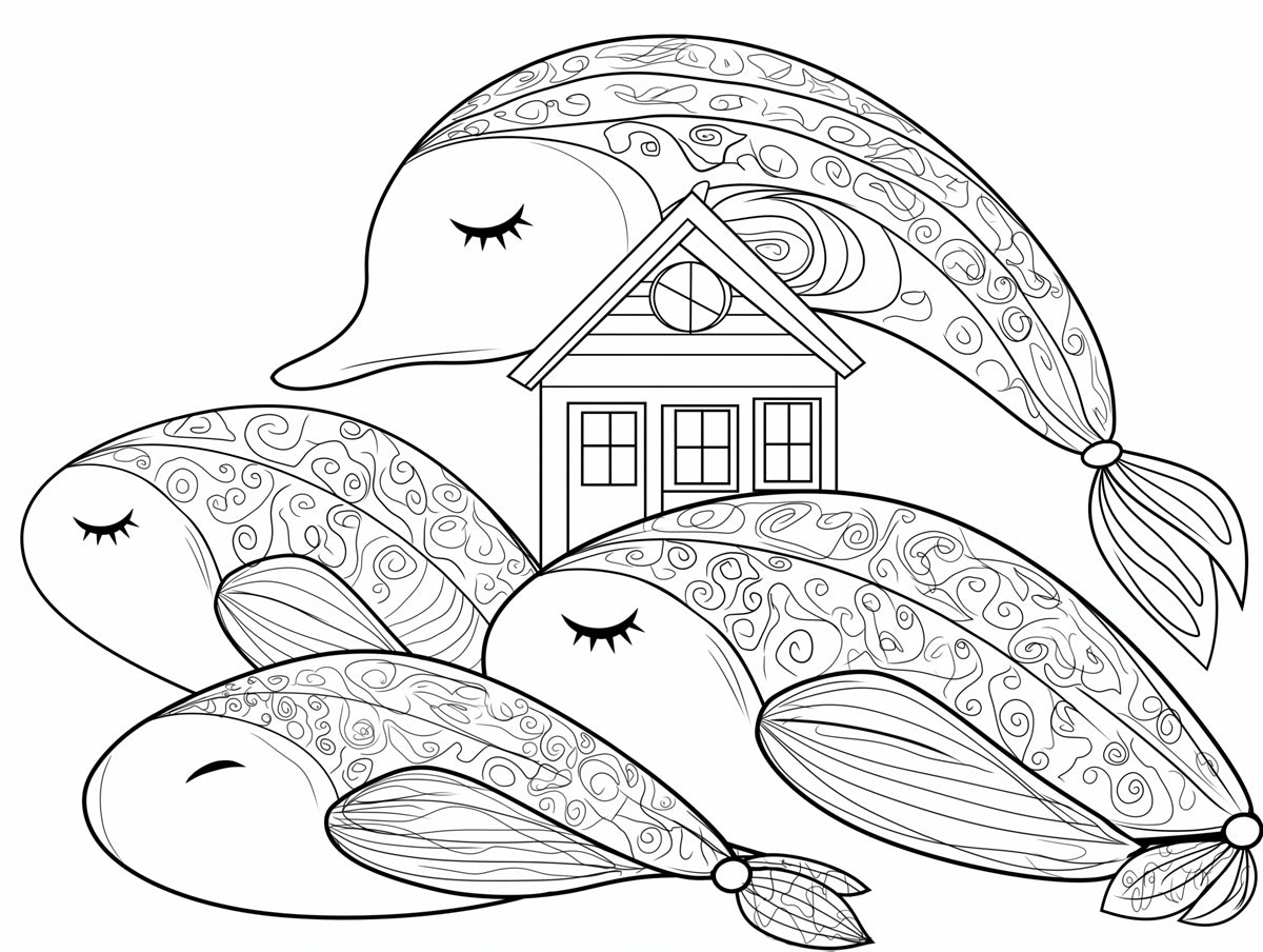 Whales and House Coloring Book Art Black White Line Drawing Mural Wallpaper | Folk Art Style, Peaceful