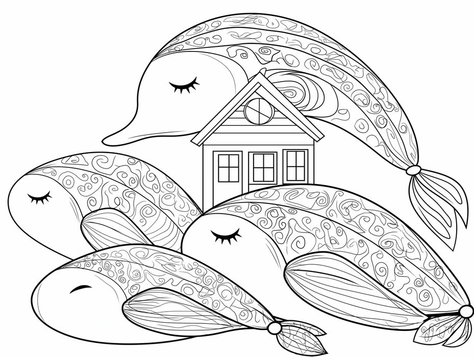 Whales and House Coloring Book Art Black White Line Drawing Mural Wallpaper | Folk Art Style, Peaceful