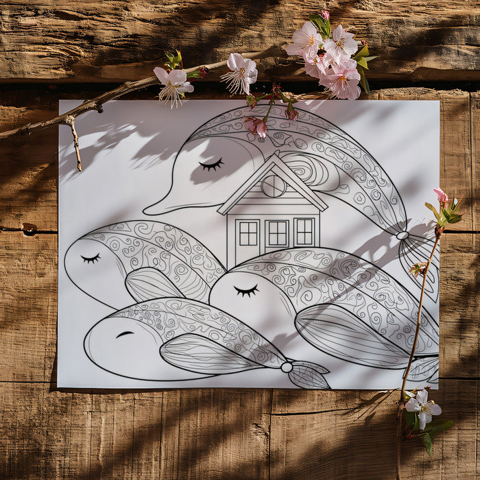 Whales and House Coloring Book Art Black White Line Drawing Mural Wallpaper | Folk Art Style, Peaceful