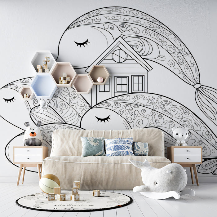 Whales and House Coloring Book Art Black White Line Drawing Mural Wallpaper | Folk Art Style, Peaceful