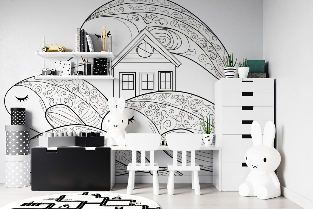 Whales and House Coloring Book Art Black White Line Drawing Mural Wallpaper | Folk Art Style, Peaceful