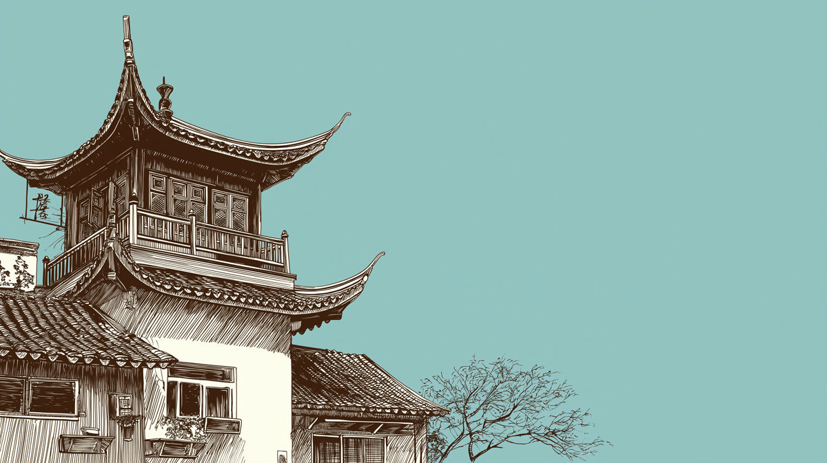 Chinese Architectural Corner Sketch Pen Ink Illustration Mural Wallpaper | Sepia and Teal, Striking Contrast