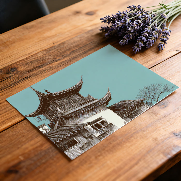 Chinese Architectural Corner Sketch Pen Ink Illustration Mural Wallpaper | Sepia and Teal, Striking Contrast