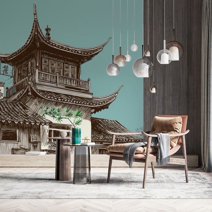 Chinese Architectural Corner Sketch Pen Ink Illustration Mural Wallpaper | Sepia and Teal, Striking Contrast