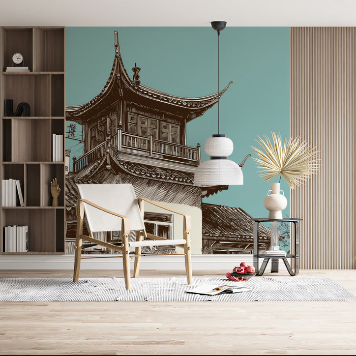 Chinese Architectural Corner Sketch Pen Ink Illustration Mural Wallpaper | Sepia and Teal, Striking Contrast