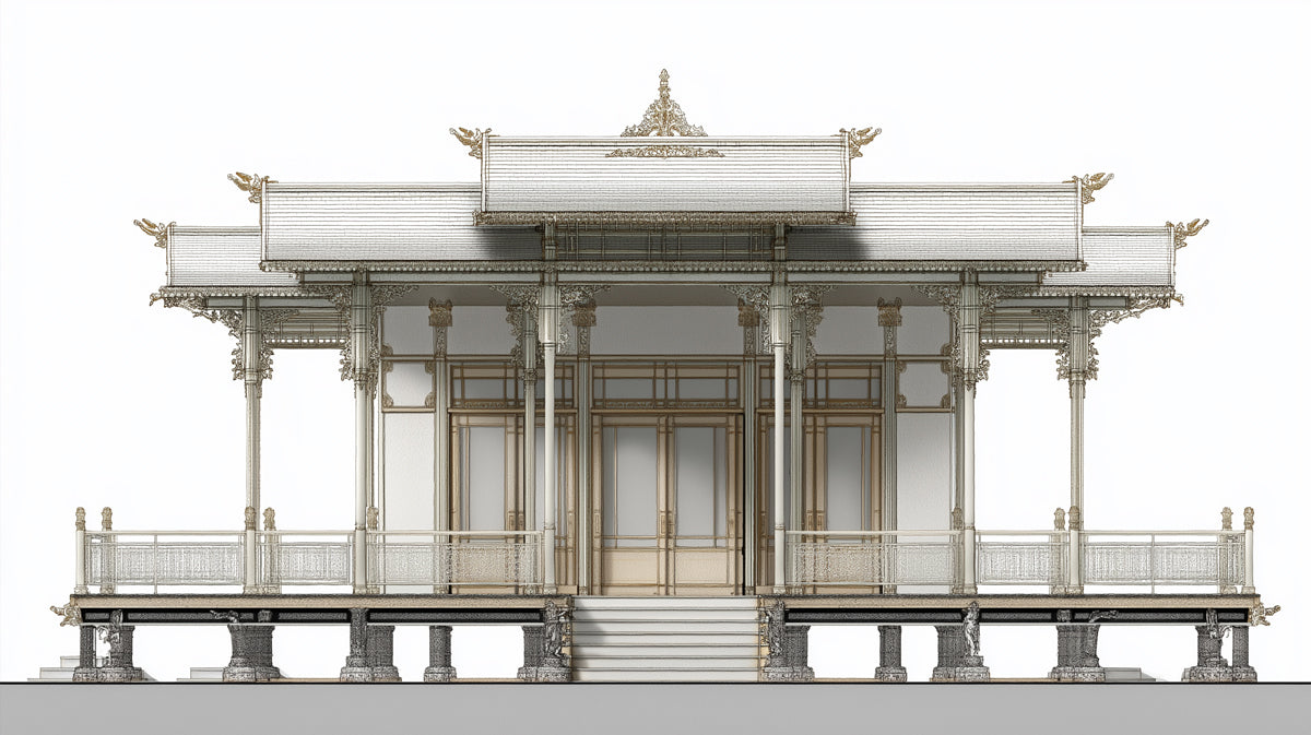 Detailed Thai Sala Building Elevation Architectural Drawing Mural Wallpaper | White Gold Accents, Southeast Asian Elegance