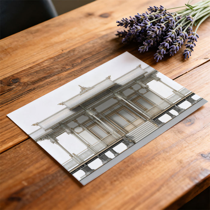 Detailed Thai Sala Building Elevation Architectural Drawing Mural Wallpaper | White Gold Accents, Southeast Asian Elegance