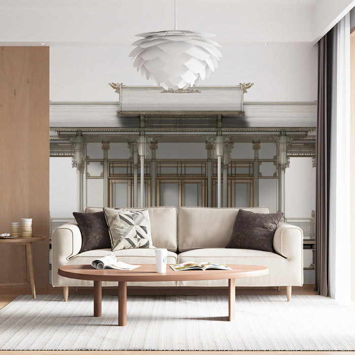 Detailed Thai Sala Building Elevation Architectural Drawing Mural Wallpaper | White Gold Accents, Southeast Asian Elegance